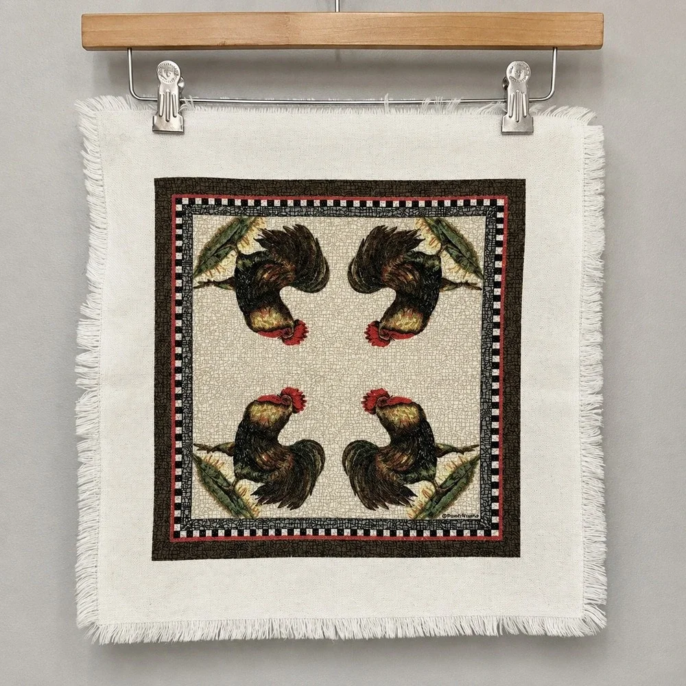 Vintage Rooster Woven Tapestry Napkin Fringed Farmhouse Kitchen Decor 17x17